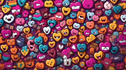 hearts and emoticions on top, in the style of text and emoji installations