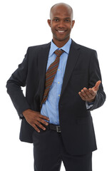 Businessman, portrait and gesture to welcome company for client agreement as attorney for company, deal or professional. Male person, hand and smile in studio white background, corporate or mockup
