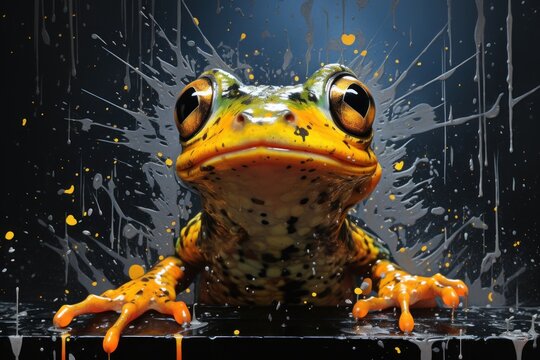  a frog sitting on top of a table covered in orange and black paint splattered on it's face.