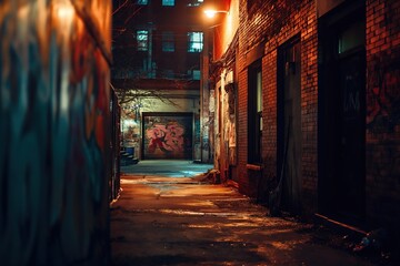 Fototapeta na wymiar City Noir Canvas: Twilight Graffiti Chronicles. Darkened backstreet with weathered architecture and artistic graffiti. Generative AI