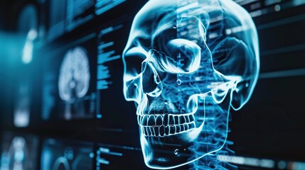 skull in science on background with selective focus - obrazy, fototapety, plakaty