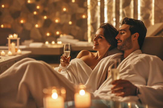 Couple in love enjoys a romantic spa experience with champagne and ambient candle lighting