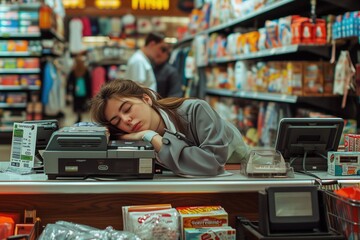 Obraz premium retail worker is dozing off behind a cash register in a bustling store. industrial fatigue concept. World Sleep Day