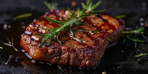 Incredibly delicious juicy medium rare steak with side dish, potatoes, fresh, stewed vegetables, sauce, grilled meat, background, template, wallpaper.