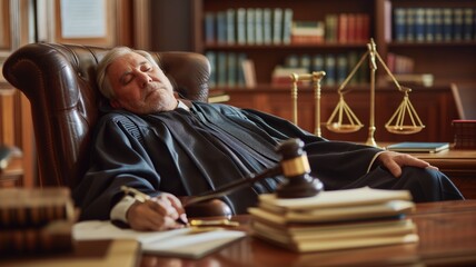 judge sleeps in a large high-backed leather chair in the courtroom. industrial fatigue concept. World Sleep Day