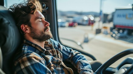 driver is asleep in the driver's seat of the vehicle. industrial fatigue concept. World Sleep Day