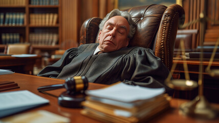 judge sleeps in a large high-backed leather chair in the courtroom. industrial fatigue concept. World Sleep Day - obrazy, fototapety, plakaty
