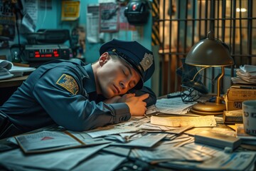 uniformed officer sleeps over a desk littered with case files. industrial fatigue concept. World Sleep Day