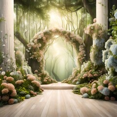 Serene and sophisticated spring florals forming an enchanted forest background, with a prominent podium for product presentation