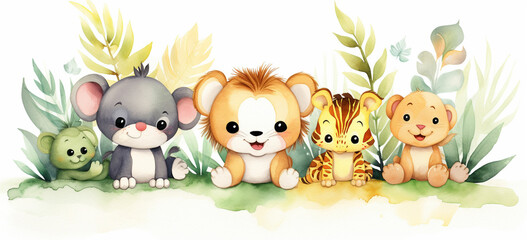 Naklejka premium watercolor illustration cute baby safari animals sit on green grass and tropical leaves