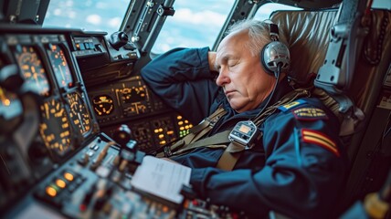 civil aviation pilot sleeps in the cockpit of an airplane. industrial fatigue concept. World Sleep Day