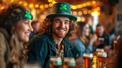 Group of friends celebrating St. Patrick's Day at a pub. Man in the center, wearing a green clover hat, is laughing happily with a beer in his hand.