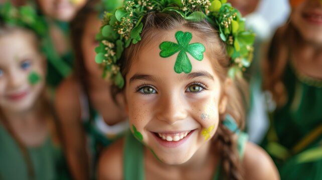 child is dressed in a festive green outfit, with a shamrock - the symbol of St. Patrick's Day - painted on his cheek.