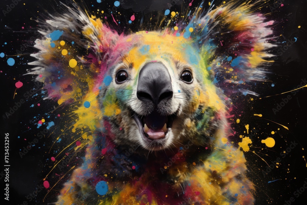 Poster a close up of a koala's face with multicolored paint splattered all over it.