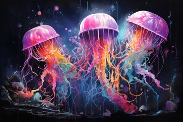  a painting of three jellyfishs floating in the water with multi - colored paint splatters all over them. - obrazy, fototapety, plakaty