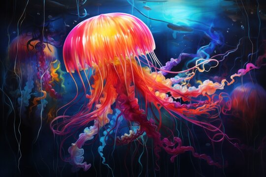  a painting of a jellyfish floating in a dark blue ocean with a yellow and red jellyfish in it's tentacles.