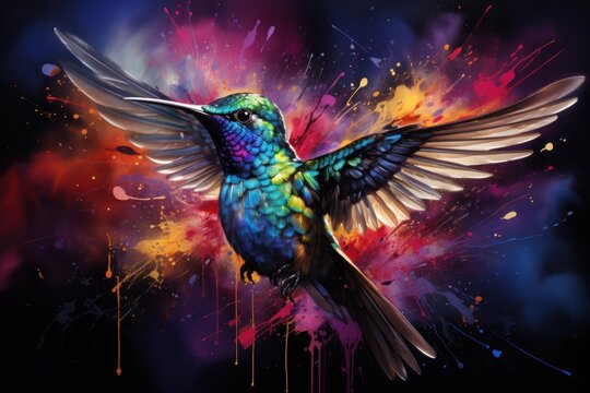  a painting of a hummingbird in flight with colorful paint splatters on it's body and wings.