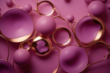  a close up of a bunch of shiny objects on a purple surface with a gold ring around the middle of it.