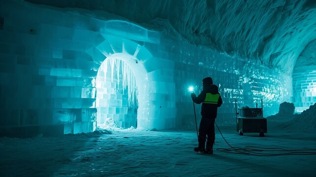 A worker at night in an ice hotel sculpting a wall with light shining through, creating a serene ambiance