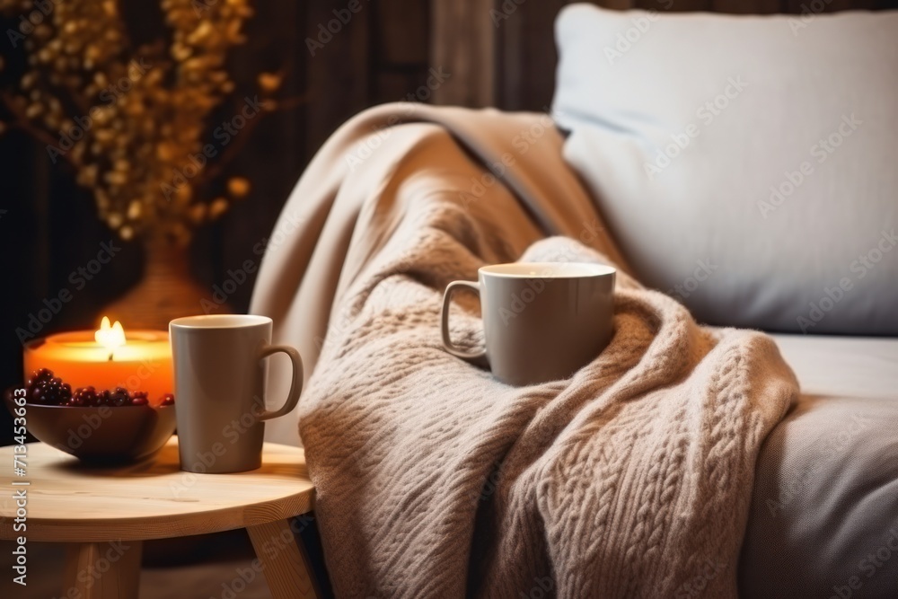 Poster  two cups of coffee sit on a table next to a blanket on a couch with a lit candle in front of it.