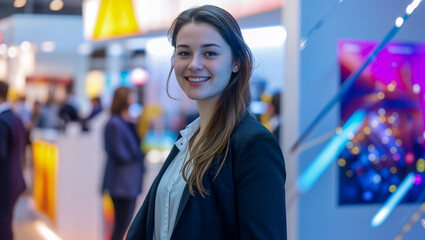 A young woman smiling at the camera at a consumer electronics trade show