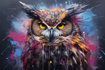 Tuinposter  a painting of an owl's face with yellow eyes and colorful paint splatters on a black background. © Nadia