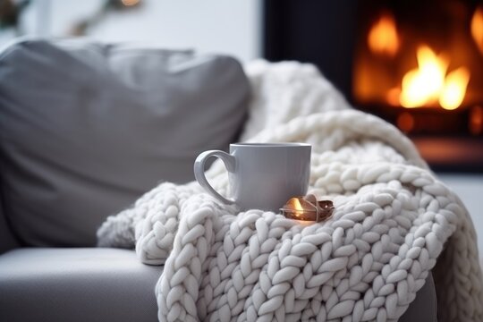  a cup of coffee sitting on top of a couch next to a blanket on top of a couch next to a fire place.