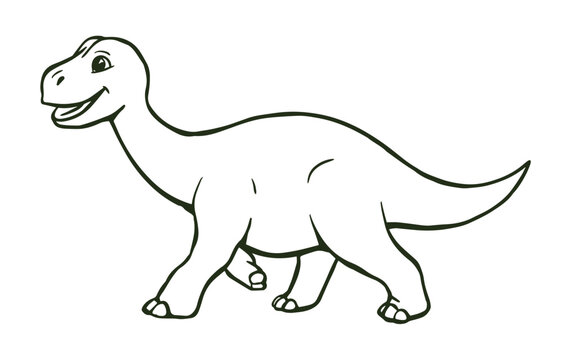 Cute cartoon young dinosaur. Little green brontosaurus. Vector isolated clipart illustration black and white. Hand drawn outline sketch
