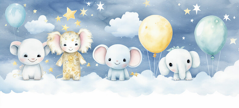 watercolor illustration cute baby animals on cloud with balloons and stars © Zeeshan