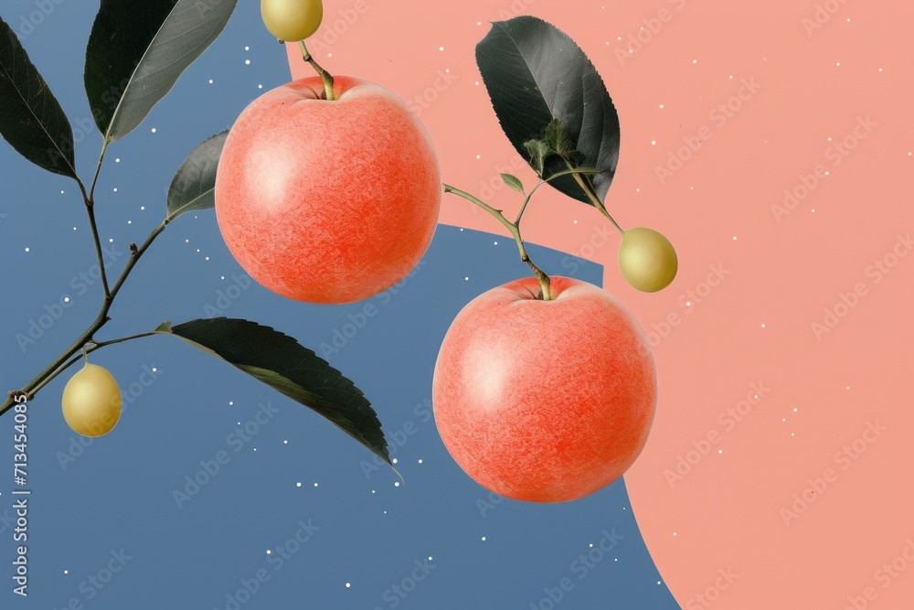 Poster two apples on a branch with leaves on a pink and blue background with a half - moon in the backgroun