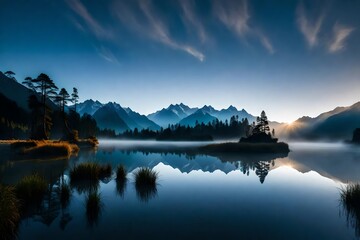 A mesmerizing shot of Lake Matheson at dawn, with the fog lifting to unveil the majestic peaks in the Westland District.