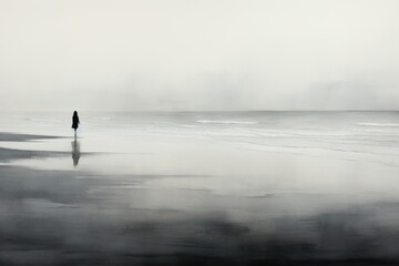 Fototapeta na wymiar a lone person standing in the middle of a beach on a foggy day with the ocean in the background.