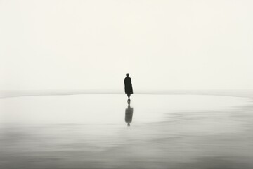  a person standing in the middle of a large body of water in the middle of a foggy, foggy day.