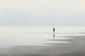 Fototapeta na wymiar a lone person standing in the middle of a large body of water on a foggy, overcast day.