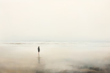 Fototapeta na wymiar a lone person standing in the middle of the ocean on a foggy day with the ocean in the background.