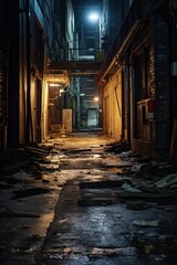 Naklejka premium Noir Streets Unveiled: Hidden Urban Charms. Dimly lit alley with aged architecture and captivating graffiti. Twilight intrigue. Generative AI