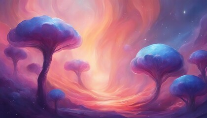 Fantasy landscape. Neon abstract background. Fabulous sculpted landscape. A hazy prospect. AI generated