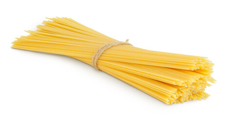 uncooked spaghetti or yellow pasta isolated on white background