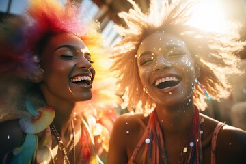 Beautiful Brazilian Samba carnival dancers wearing colorful feathers costume. Street parade in...