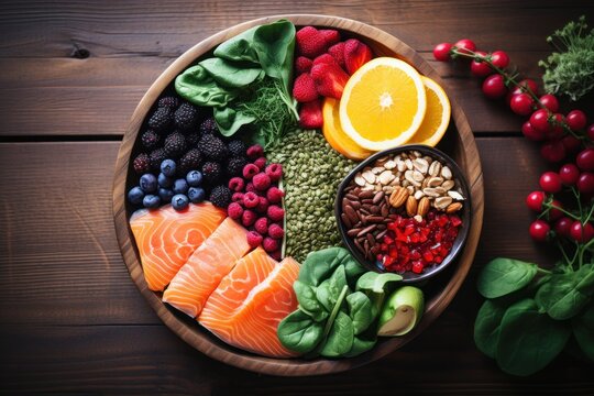  a wooden bowl filled with assorted fruits and veggies next to a bowl of nuts, berries, nuts, and spinach.