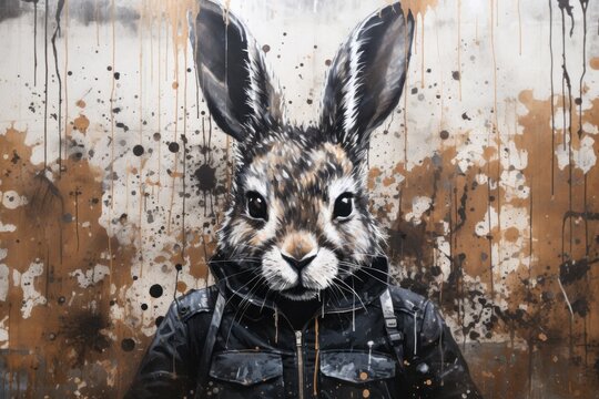  a painting of a rabbit wearing a black jacket and a hoodie with paint splatters all over it.