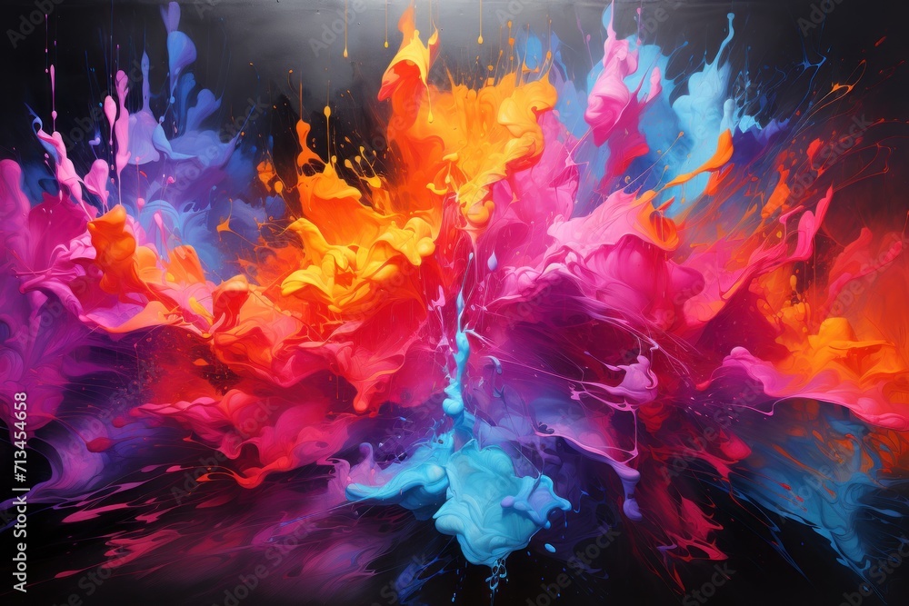 Poster an abstract painting of multicolored paint splattered on a black background with a white spot in the