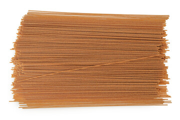raw wholegrain spaghetti isolated on a white background. Top view. Flat lay