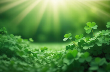 Abstract background with four leaf clover on green background with Luckyon Sunshine sun rays for St. Patrick's day with free space for your advertisement