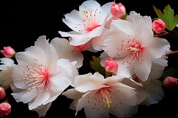  a close up of a bunch of flowers on a black background with pink and white flowers in the foreground.