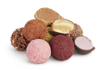 A variety of different truffles Isolated on a white background