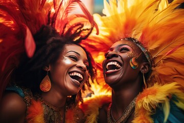Beautiful Brazilian Samba carnival dancers wearing colorful feathers costume. Street parade in...