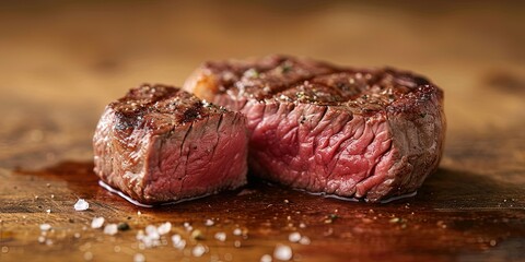 Soft juicy steak in a close-up , medium rare on a wooden surface, restaurant, meat, wallpaper, background.