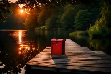 A tranquil summer evening by the lake, the sun setting in a blaze of colors, an empty pier extending towards the horizon, featuring a conspicuous red mailbox at its end, surrounded by leafy trees.