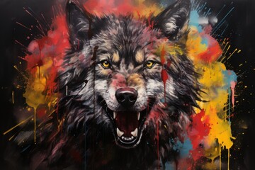  a painting of a wolf with it's mouth open and it's mouth wide open with paint splatters all over it.